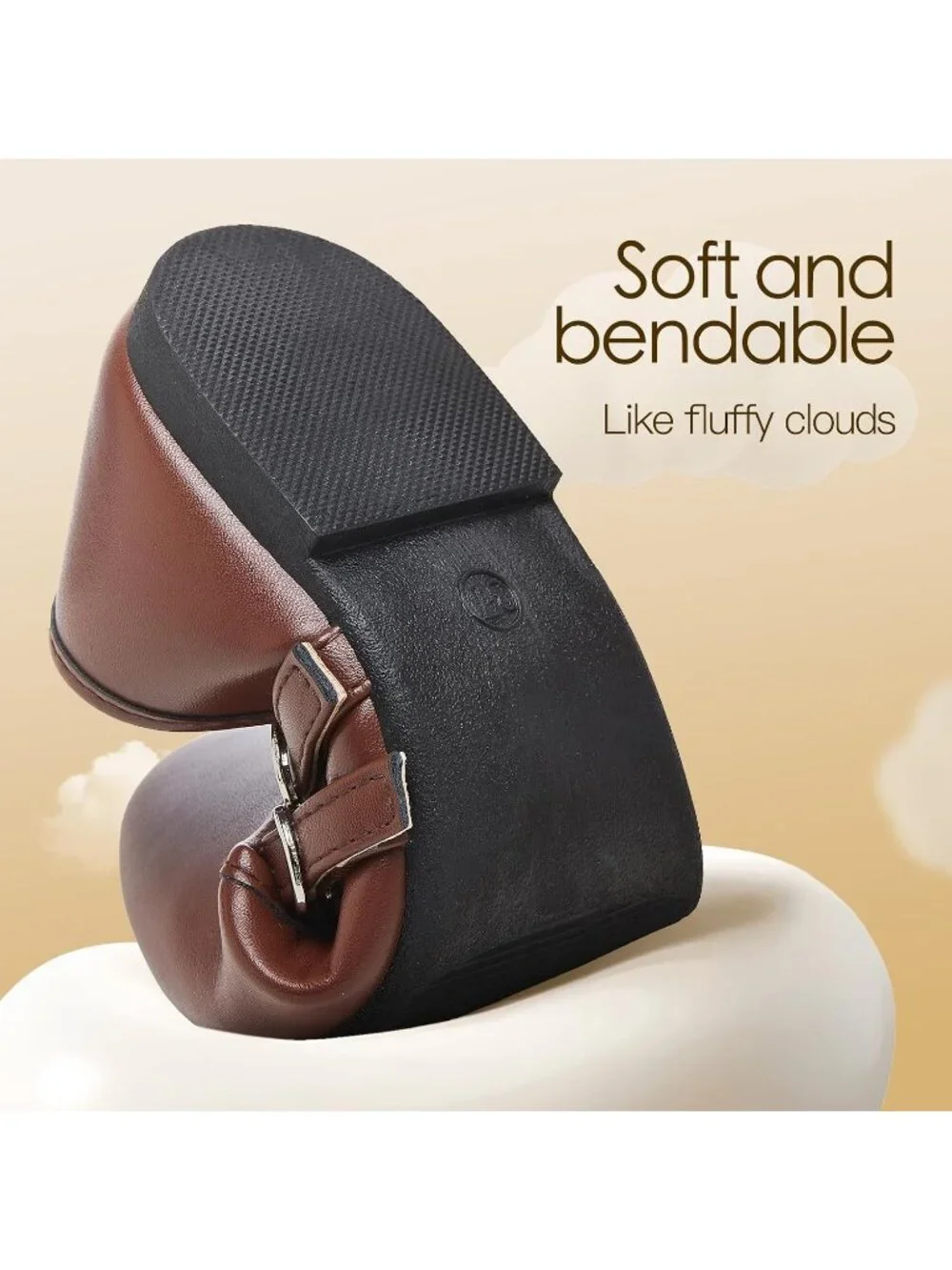 Women's Tan Faux Leather Round Toe Adjustable Buckle Strap Flats Slip On Shoes